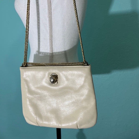 Vintage Ruth Saltz Cream Leather Gold Cougar Head Chain Strap Purse - Picture 5 of 16